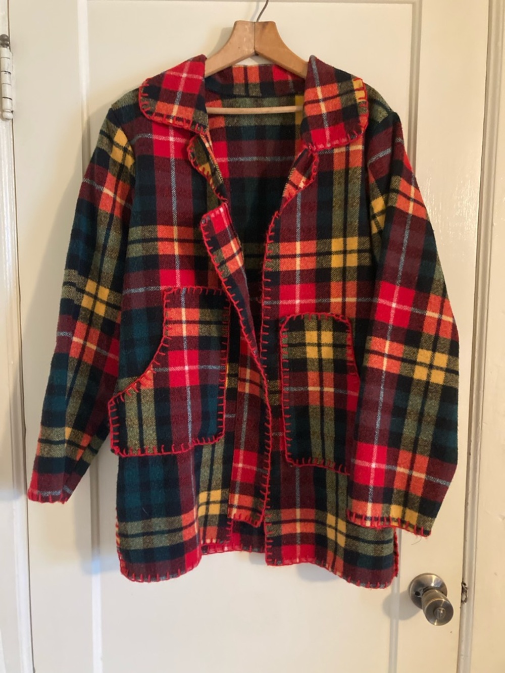 Vintage Handmade Wool Blanket Jacket Red Green Yellow Plaid Long Coat - Picture 3 of 6